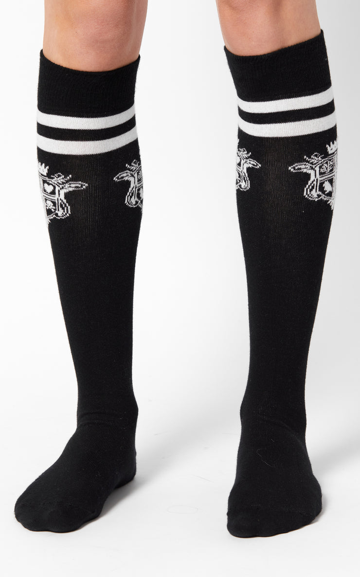 Knee High Socks with Crest - Black